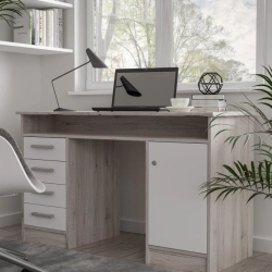 Biurko 125x55 cm z 4 szufladami i zamykaną szafką na klucz Biały/Dąb Piaskowy